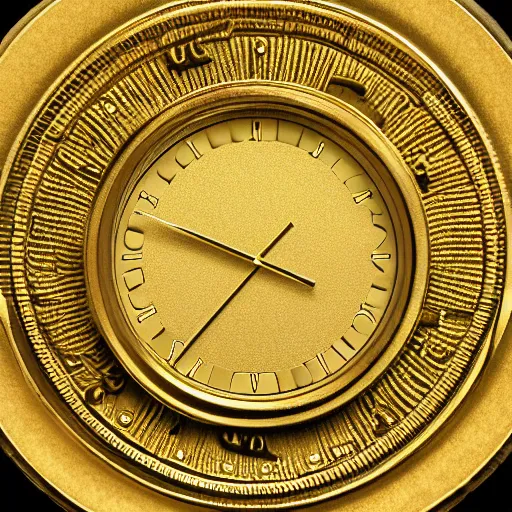 Image similar to a gold coin with a clock face printed on it, complex, high detail, close up