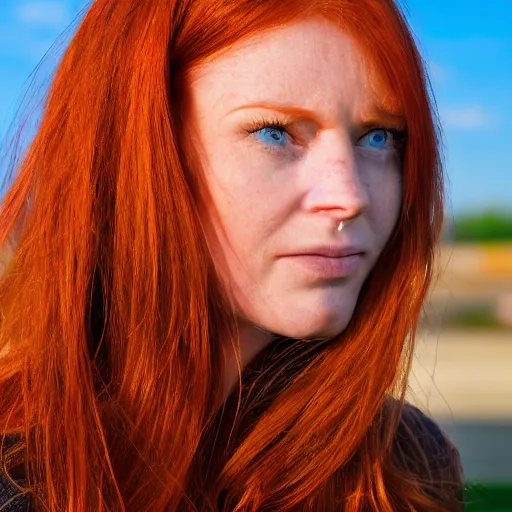 Image similar to close up photo of the left side of the face of a redhead woman with blue eyes who looks directly at the camera. Slightly open mouth, with a park visible in the background. 135mm nikon. Intricate. Very detailed 8k. Sharp. Cinematic post-processing.