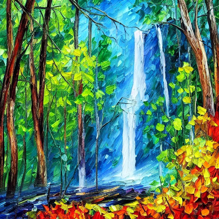 Image similar to A beautiful oil painting of a very tall waterfall on a very rocky cliff, in the middle of a huge forest of trees with bright blue glowing leaves, by Afremov