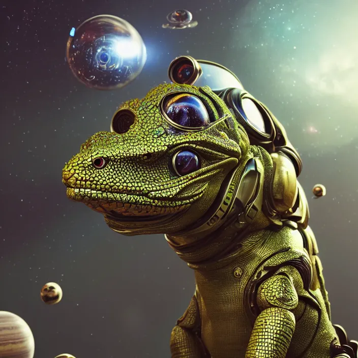 Prompt: very detailed portrait of a majestic toy lizard, dressed in a spacesuit, sci - fi, futuristic, details, intricate, octane render, redshift, smooth, illustration, fairy lighting, stars and planets in the background, hyperrealistic, by dmitry prozorov, loish, and wlop, trending on artstation, hyperdetailed, hyperrealism