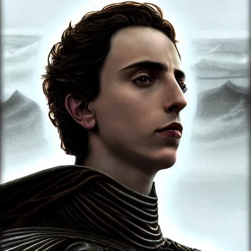 Image similar to realistic paul atreides emperor of the known universe, perfect dramatic and dark portrait by rabbitary b, trending on artstation, deviantart, dune, low angle oil painting and composition laws, dark foggy background, timothee chalamet but he is older, denis villeneuve cinematography