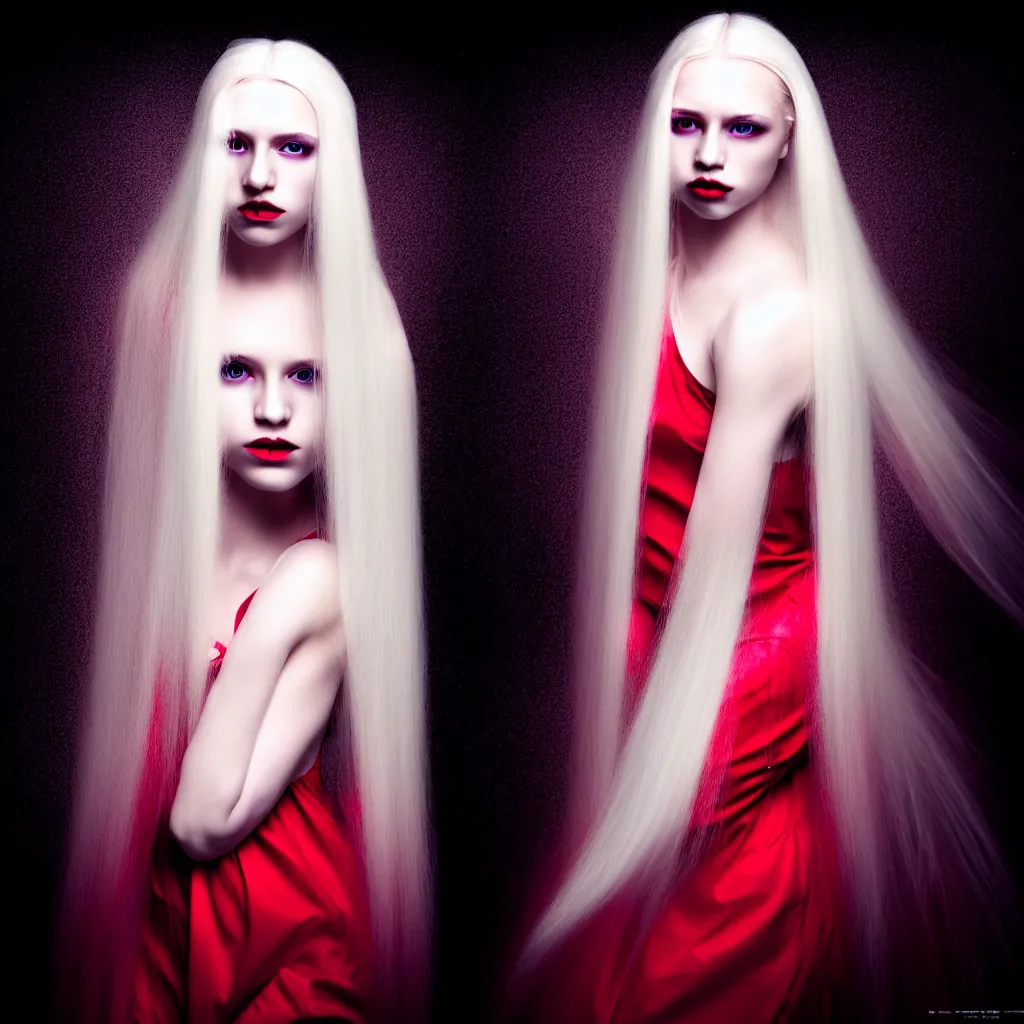 Image similar to a young woman with long blond hair dressed in long white, fine art photography light painting in style of Paolo Roversi, professional studio lighting, dark red background, hyper realistic photography, fashion magazine style