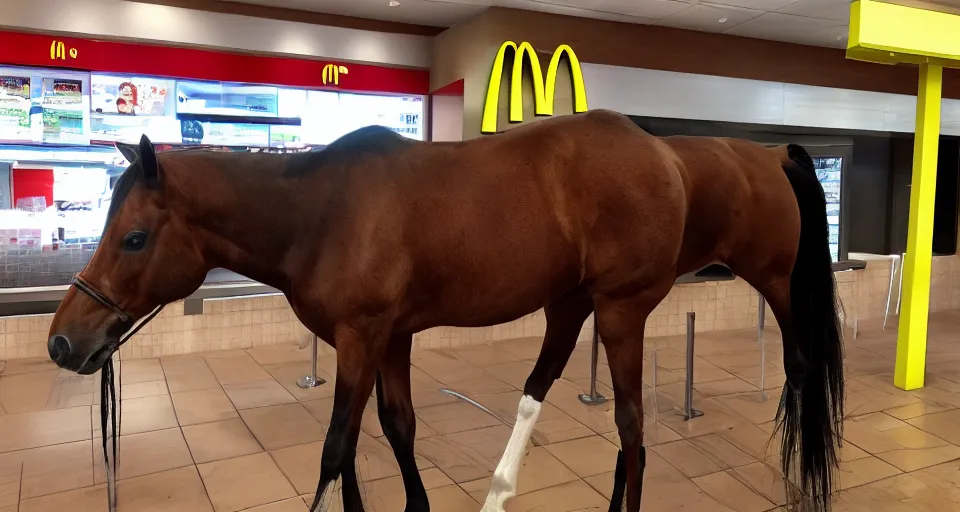 Prompt: horse inside of mcdonald's