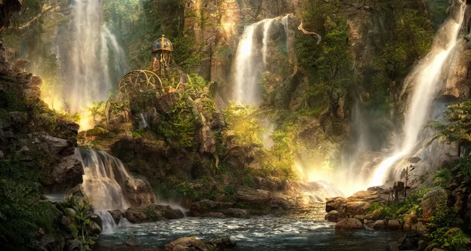 Image similar to rivendell steampunk, waterfalls from clif, dappled golden lighting, cinematic, photographic, realistic, highly detailed, matte painting