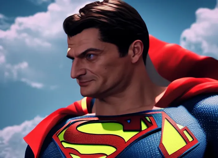 Image similar to zelensky fused with superman, ultra realistic 4 k unreal engine very cinematic render with ray tracing bloom ambient occlusion strong reflections