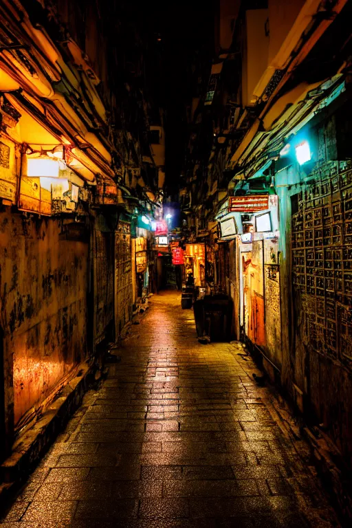 Image similar to an interior view of an old walled city in Hong Kong, colorful, dated and old, dark moody lighting, night, very detailed, photoreal, 8k, canon 20mm lens