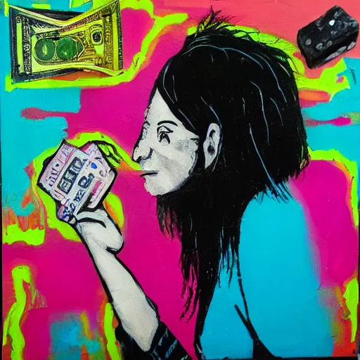 Prompt: “queer woman with long pink hair near a weedy pig eating money, capitalism, acrylic and spray paint and oilstick on canvas, neoexpressionism”