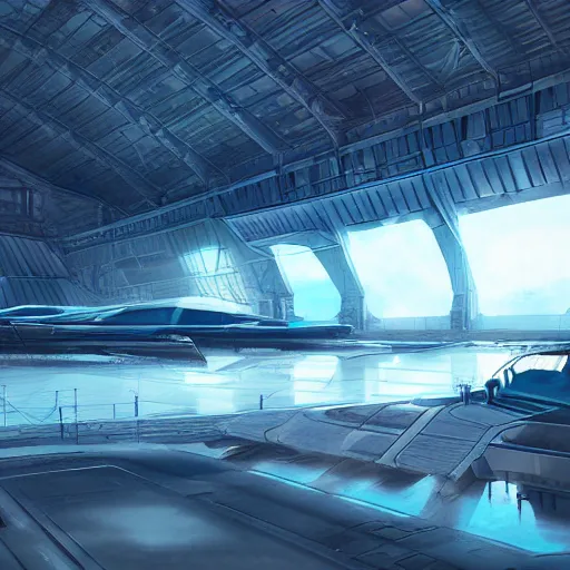 Prompt: futuristic hangar, crisp, artstation, luxury, beautiful, dim painterly volumetric aquatic sunset lighting, 3 d concept art