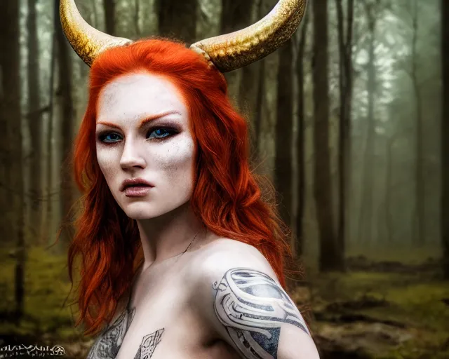 Image similar to 5 5 mm portrait photo of an armored gorgeous anesthetic redhead woman warrior with a face tattoo and horns growing from her head, in a magical forest in the style of stefan kostic, art by luis royo. highly detailed 8 k. intricate. lifelike. soft light. nikon d 8 5 0. cinematic post - processing