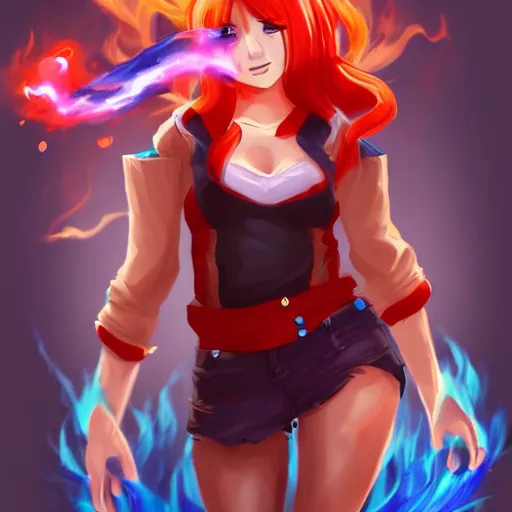 Prompt: Splash art, little anime girl league of legends style with a white t-shirt, red sleeves and regular blue jeans, has fire powers, her hair is made out of fire, her hands are on fire powerfull character, trending on artstation