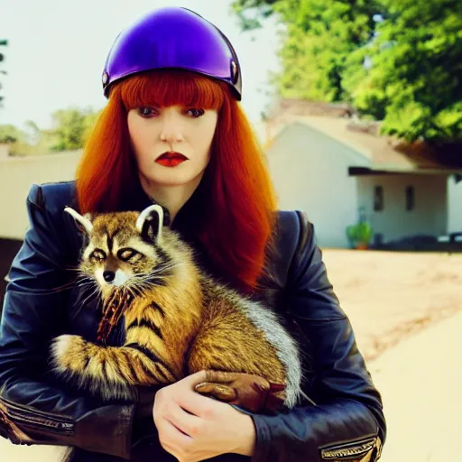 Image similar to a photo by arbus of a slender beautiful woman with straight ginger hair and bangs, wearing purple leathers and gold helmet, posing with large ginger tabby and raccoon on a motorcycle in her front yard, holding coffee mug and toasted brioche bun, fashion photography, dramatic lighting, 8 5 mm lens