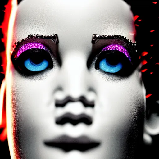 Image similar to close up detail of the face of cyborg jennifer lawrence as the bride of frankenstein, macro photography, glowing eyes