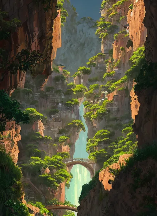 Image similar to medieval city built on terraces in a gigantic canyon, lots of buildings connected by hanging bridges, waterfalls, glow coming from amber veins in the ground, lush vegetation, pitchblack sky, extremly detailed digital painting, in the style makoto shinkai and atey ghailan, rim light, beautiful lighting, 8 k, stunning scene, raytracing, octane, trending on artstation