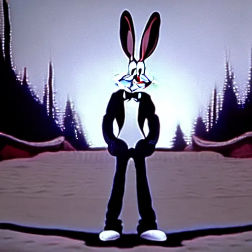 Prompt: Film still of Bugs Bunny in Twin Peaks (1990 TV Series, David Lynch), eerie, ominous, the black lodge (Twin Peaks)