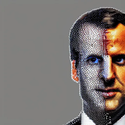 Image similar to portrait mosaic of Emmanuel macron as a robot, 4k, intricate details, digital, sun in the background