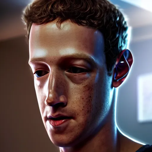 Image similar to professional photograph of very hot and muscular mark zuckerberg, gleaming skin, glowing, sparkling, hyper realistic, digital painting, rendered in unreal 5, octane render, artstation, ambient lighting