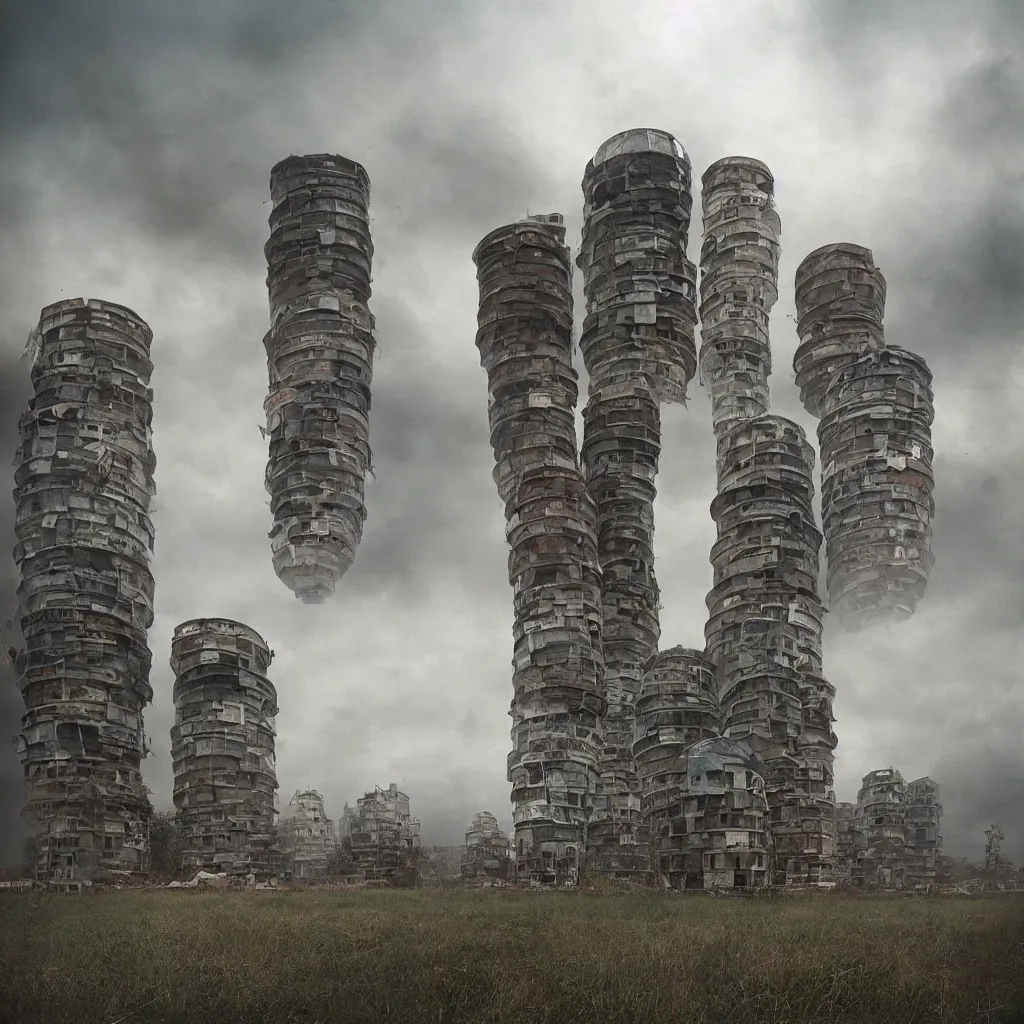 Prompt: circular towers, made up of makeshift squatter housing with faded colours, apocalyptic sky, misty, dystopia, mamiya rb 6 7, fully frontal view, ultra sharp, very detailed, photographed by julie blackmon