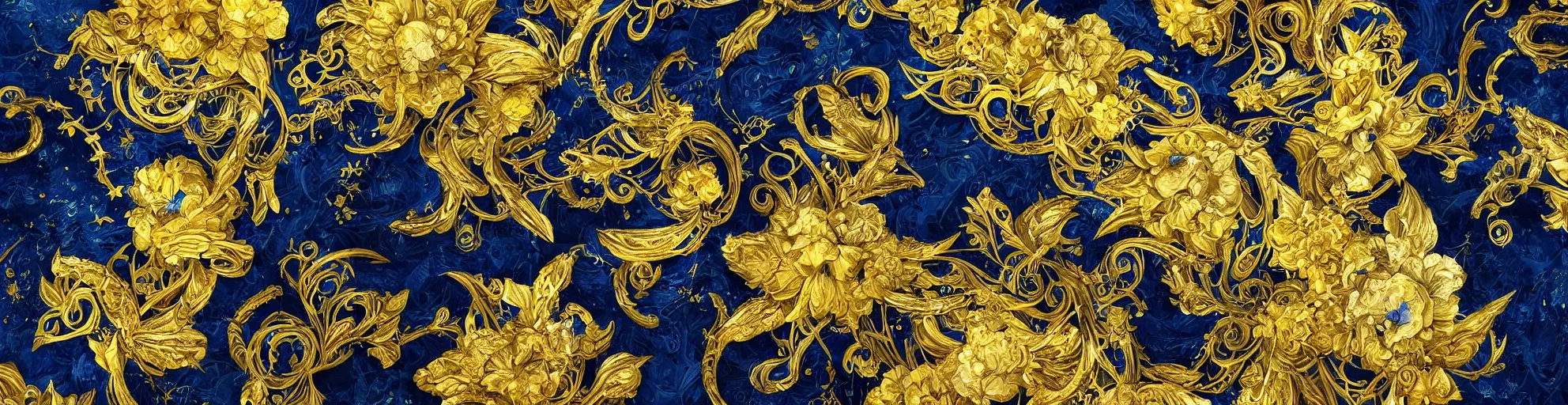 Image similar to black blue yellow beach, complicated gold and blue flowers the baroque style decoration, dark fantasy, intricate, elegant, highly detailed, digital painting, artstation, concept art, matte, 3 d 8 k octane rendered, sharp focus, illustration, octane rendered, art by artgerm