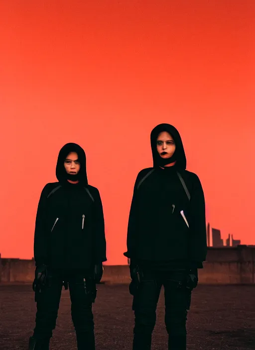 Image similar to cinestill 5 0 d photographic portrait of 2 women wearing black techwear in front of a brutalist sharp - edged metal building, closeup, on a desolate plain with a red sky, dystopia, cyberpunk, closeup, depth of field, 4 k, 8 k, hd, full color