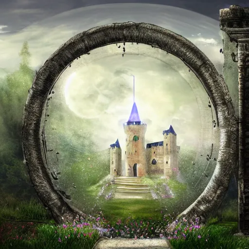 Image similar to a majestic portal to another dimension. an ethereal castle is visible through the portal. hd digital art