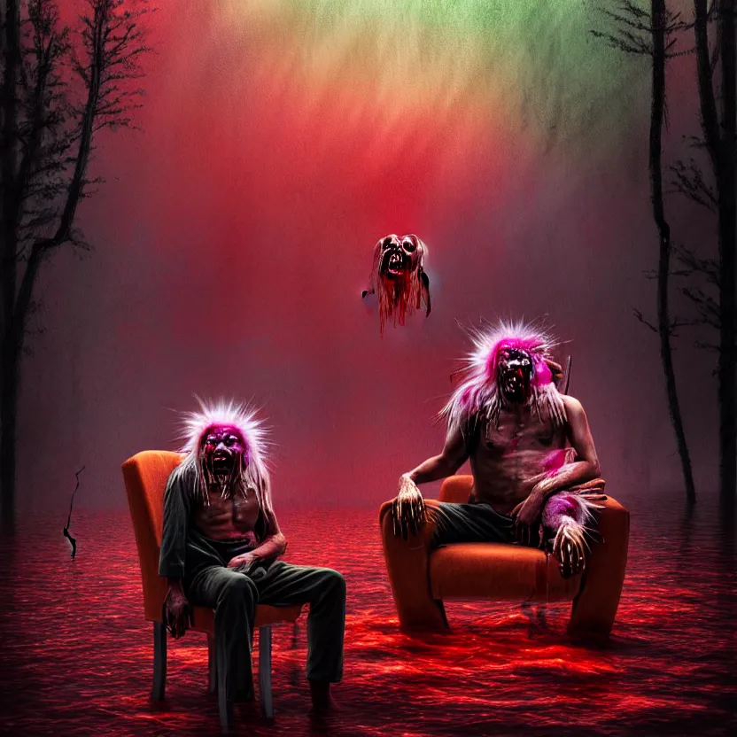 Image similar to a portrait of a beautiful flesh - eating timikawa with rainbow fur eating a screaming man, sitting on chair made of human limbs, the chair is floating in a lake of blood, surrounding the lake are melting trees, digital art, hyperrealistic nightmare scene, supernatural, highly detailed, creepy, terrifying