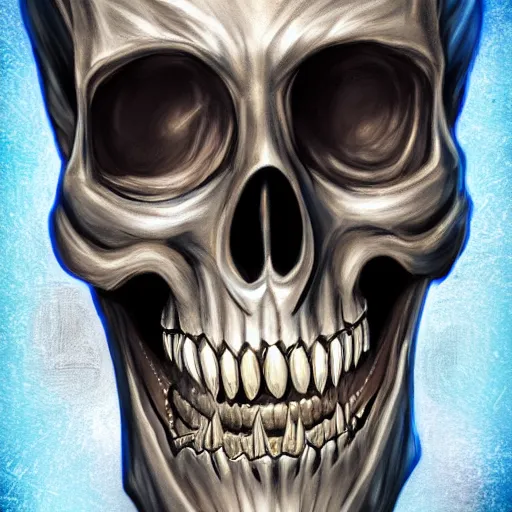 Prompt: a detailed portrait of a fancy skeleton with expressive features and metallic teeth, metal teeth, skeleton in a suit, purple glowing eyes, fantasy art, character, wizard, barbarian