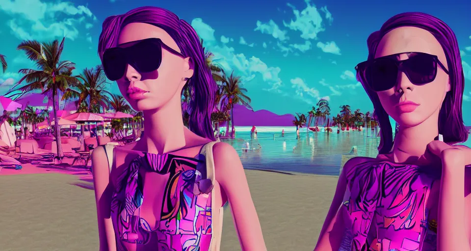 Prompt: fullbody vaporwave art of a fashionable skeleton girl with sunglasses at a beach, early 90s cg, 3d render, 80s outrun, low poly, from Hotline Miami