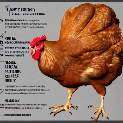 Image similar to chicken, anatomy half cut, infographic, higly detailed, 8 k, photorealistic, art concept, artstation, sharp focus