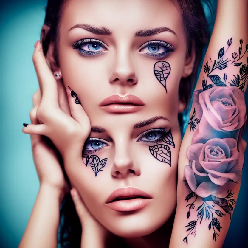 Image similar to photorealistic poster of the face of a beautiful woman with tatoos