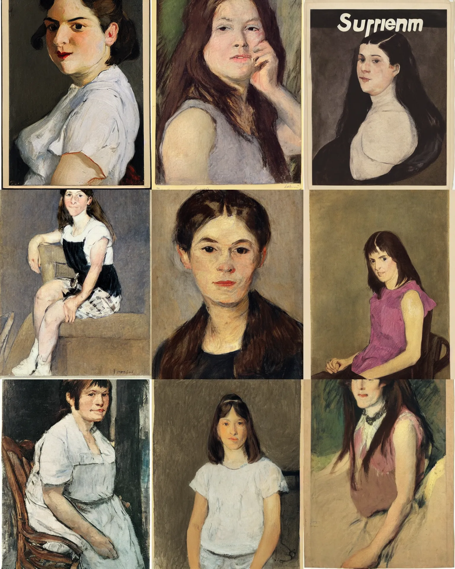 Prompt: a portrait of a woman by mary cassat. she has long straight dark brown hair, parted in the middle. she has large dark brown eyes, a small refined nose, and thin lips. she is wearing a t - shirt with supreme brand lettering on it, a sleeveless white blouse, a pair of dark brown capris, and black loafers.