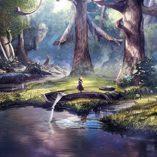 Prompt: y'shtola, final fantasy xiv, fishing in the forest, concept art, highly detailed, catgirl