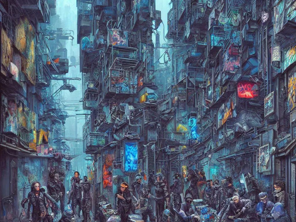 Prompt: hyperrealistic matte painting of a cyberpunk gang in an alleyway between buildings, graffiti, fine detail, intricate, polished, smooth, ultradetailed, blue color scheme, digital art, illustration, impressionist, by john smith and george luks