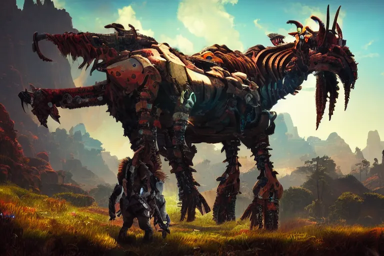 Image similar to grimhorn fanghorn machine mecanical creature robot of horizon forbidden west horizon zero dawn bioluminiscence global illumination ray tracing hdr fanart arstation by ian pesty and alena aenami artworks in 4 k