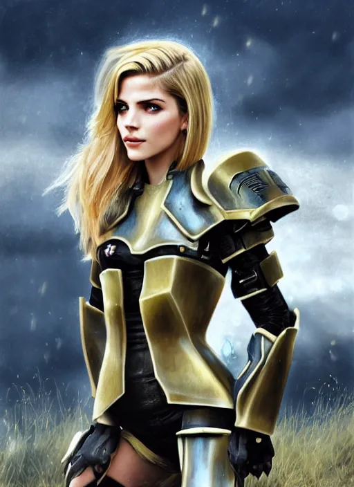 Image similar to portrait of a combination of Ashley Greene, Katheryn Winnick, Victoria Justice and Adriana Dxim, Grace Kelly, Emma Watson and Lily Collins with blonde hair wearing Varia Armor from Metroid Prime, countryside, calm, fantasy character portrait, dynamic pose, above view, sunny day, thunder clouds in the sky, artwork by Jeremy Lipkin and Giuseppe Dangelico Pino and Michael Garmash and Rob Rey and Greg Manchess and Huang Guangjian, very coherent asymmetrical artwork, sharp edges, perfect face, simple form, 100mm