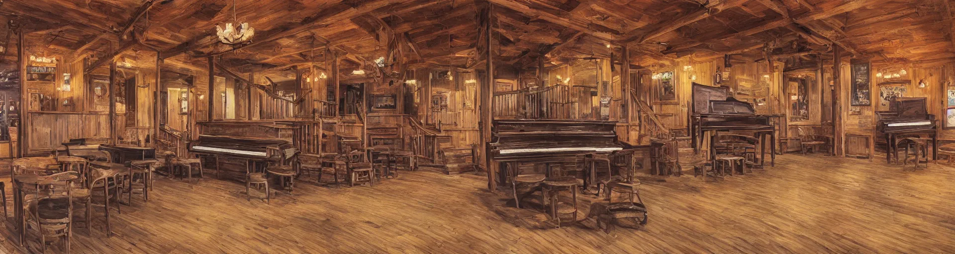 Prompt: Empty Old West Saloon at the break of day with a Grand Piano and Staircase, Acrylic