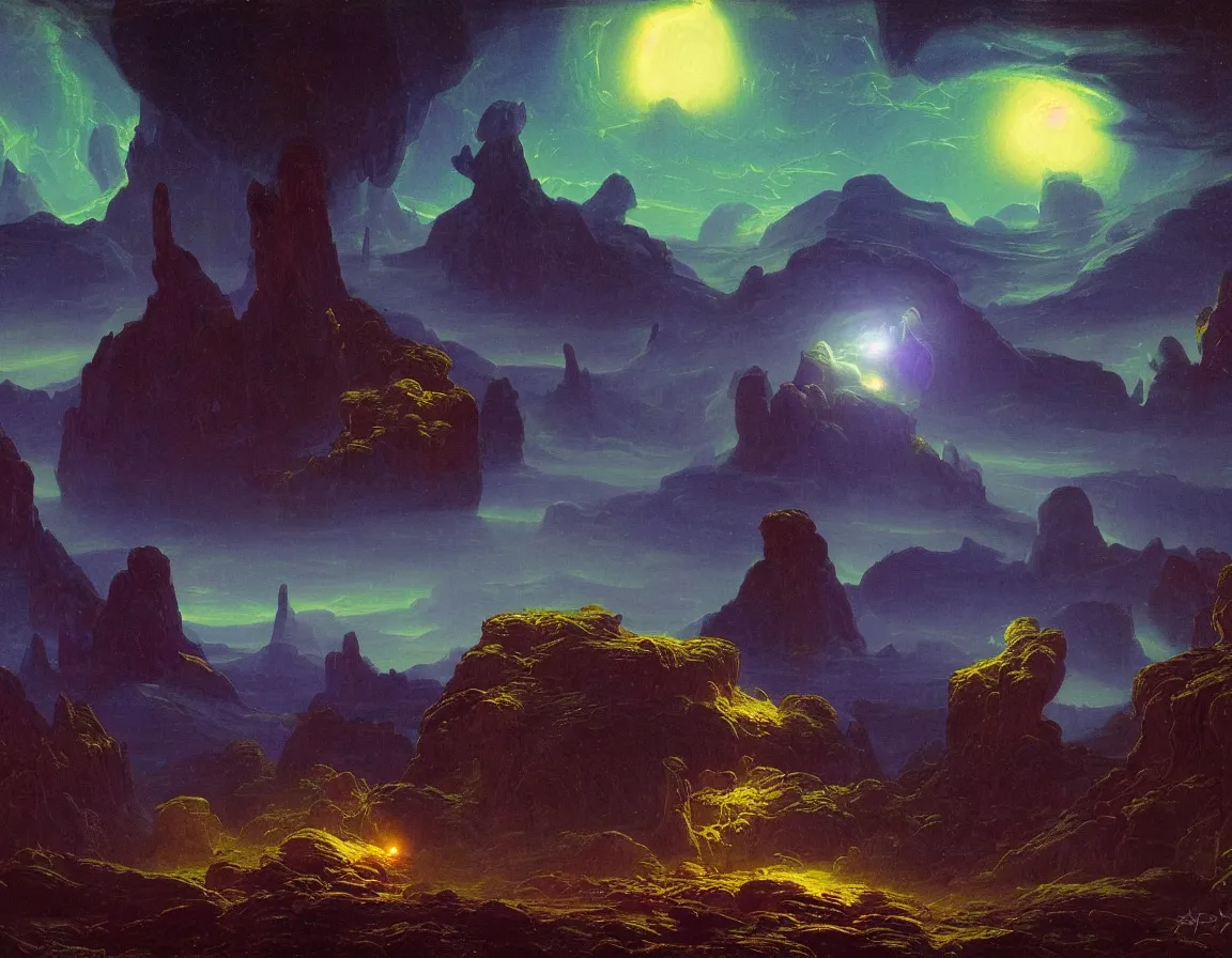 Image similar to trippy alien planet with blue bioluminescent flora at night, concept art by albert biertadt, thomas cole, frederic edwin church, hudson river school, majestic, awe - inspiring, breathtaking