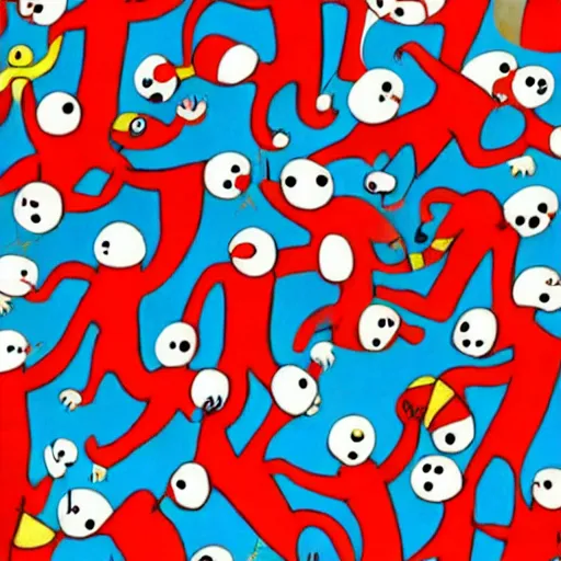 Image similar to Where's Waldo, in the style of Joan Miro