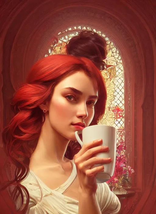 Image similar to perfectly - centered - portrait of a beautiful lady drinking red cup coffee, intricate, highly detailed, digital painting, artstation, concept art, smooth, sharp focus, illustration, unreal engine 5, 8 k, art by artgerm and greg rutkowski and alphonse mucha