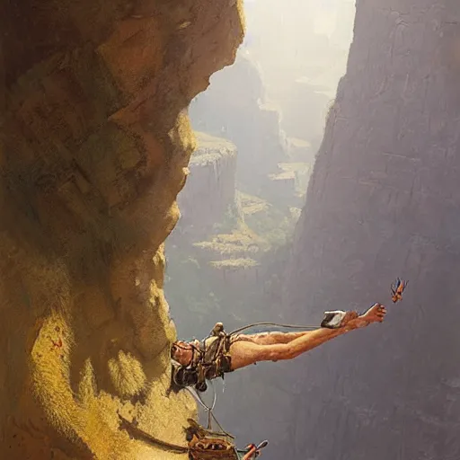 Image similar to looking down onto indiana jones hanging off a cliff by one hand by Greg Rutkowski by James Gurney