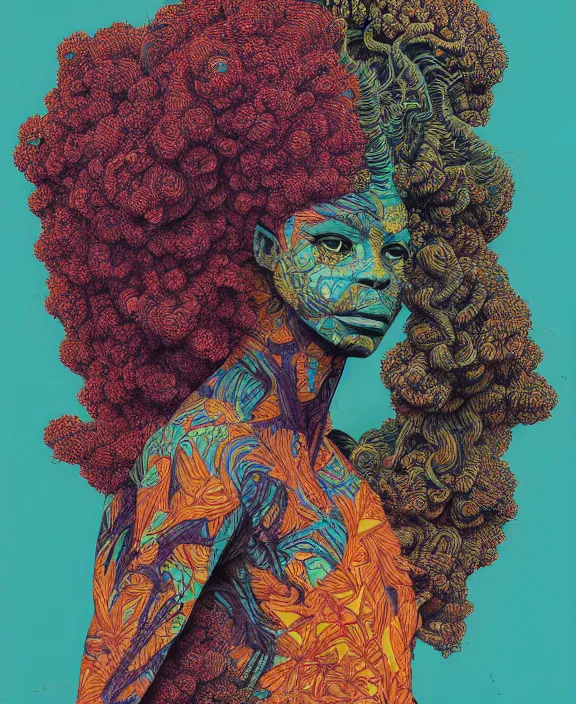 Prompt: afro medusa, exotic vegetation, tristan eaton, victo ngai, triadic color scheme, edward hopper, beksinski, nicola samori, hyperrealism, intricate detailed, risograph