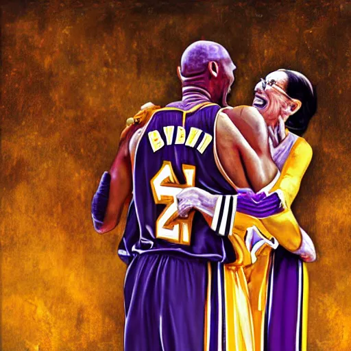 Prompt: Kobe Bryant and Ruth Bader Ginsberg hugging in Heaven digital art