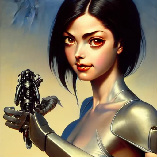 Image similar to battle angel Alita, dark fantasy, medium shot, intricate, elegant, highly detailed, digital painting, volumetric light, artstation, concept art, smooth, sharp focus, illustration, art by Gil Elvgren and Greg Rutkowski and Alphonse Mucha