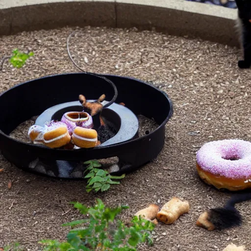 Image similar to a cat cooking a donut in a fire pit