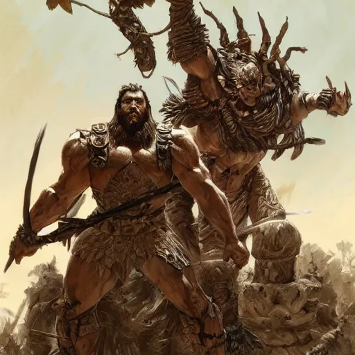 Prompt: muscular ogre - like fierce warrior with tree - bark skin wearing intricate stone and wood armor, towering above a group of soldiers, battlefield, highly detailed, digital painting, artstation, concept art, smooth, sharp focus, illustration, art by artgerm and greg rutkowski and alphonse mucha