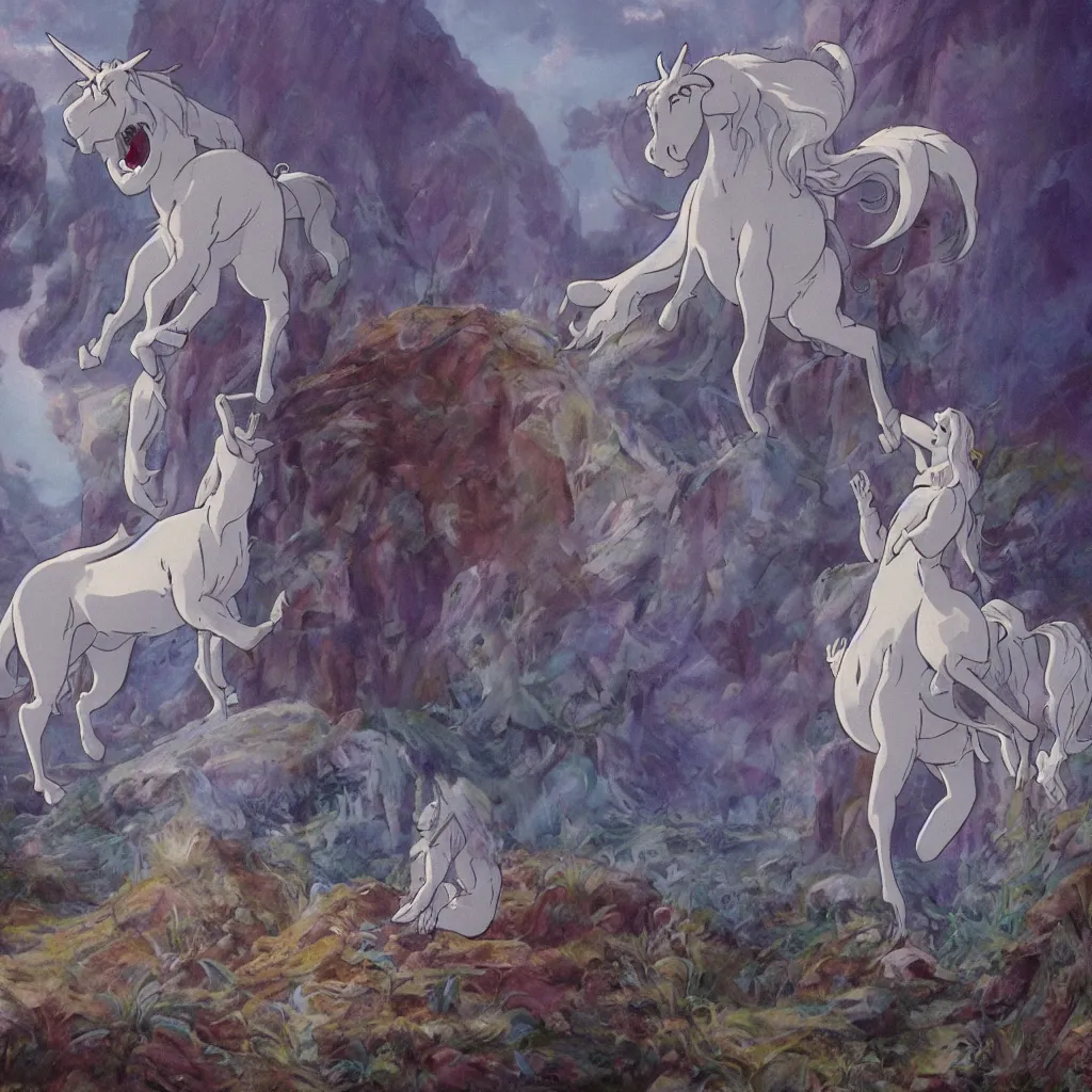 Prompt: a still from the movie The Last Unicorn (1982), artstation