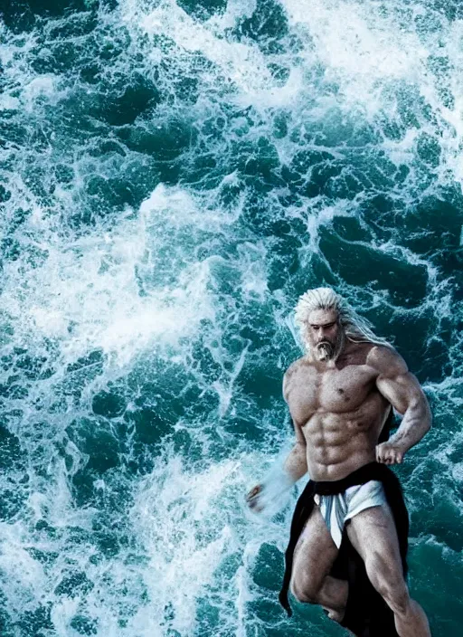 Image similar to rugged zeus in the ocean, god of thunder, greek god, white hair, masculine, powerful, handsome, upper body, white robe, in mortal kombat, splash art, movie still, cinematic lighting, dramatic, octane render, long lens, shallow depth of field, bokeh, anamorphic lens flare, 8 k, hyper detailed, 3 5 mm film grain