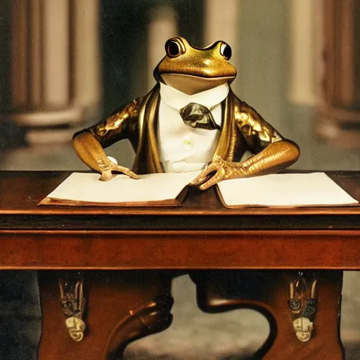 Image similar to 2 0 megapixels, aristocratic, vintage photo of an anthropomorphic perfect frog wearing a perfect suit sitting behind a perfect victorian desk, 1 9 4 0, professional photography, ultra detailed, beautiful, precise, close up