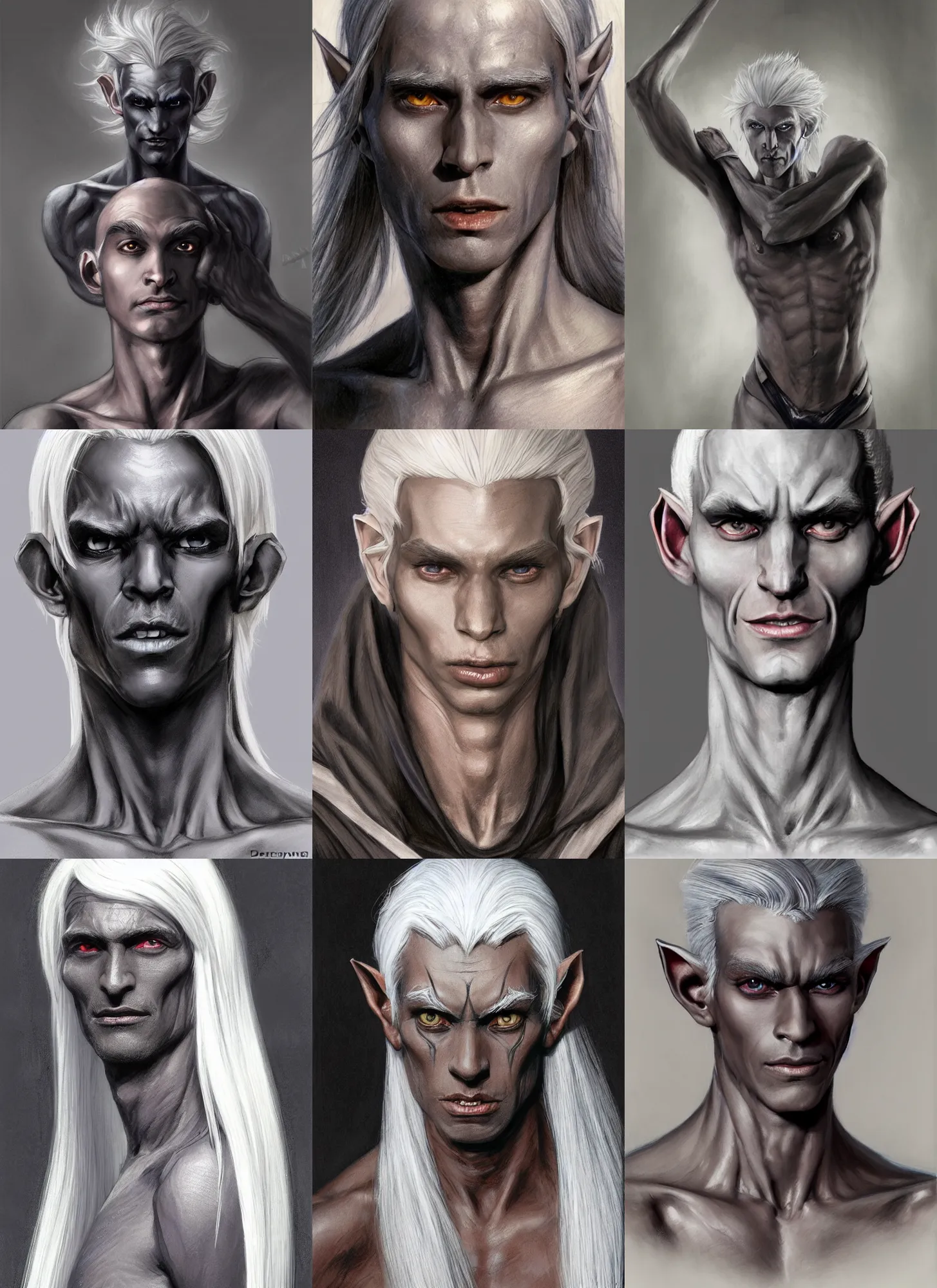 Prompt: a portrait of a dark drow elf male, long length slick white hair, charcoal skin, smooth skin, young adult in with late twenties, happy, pointed chin, charcoal color skin, curious expression, style by donato giancola, wayne reynolds, jeff easley dramatic light, high detail, cinematic lighting, artstation, dungeons and dragons