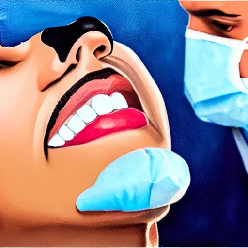 Prompt: low angle view closeup of a dentist preparing his patient's mouth oil paiting