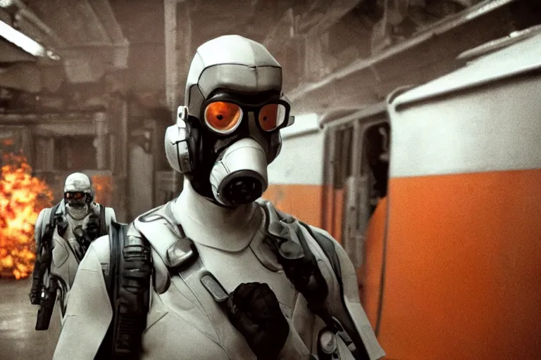 Image similar to vfx movie closeup real life gordon freeman holding wearing futuristic armor, half life logo on chest, crowbar in russian train yard, futuristic white swat team in gas masks approaching by emmanuel lubezki